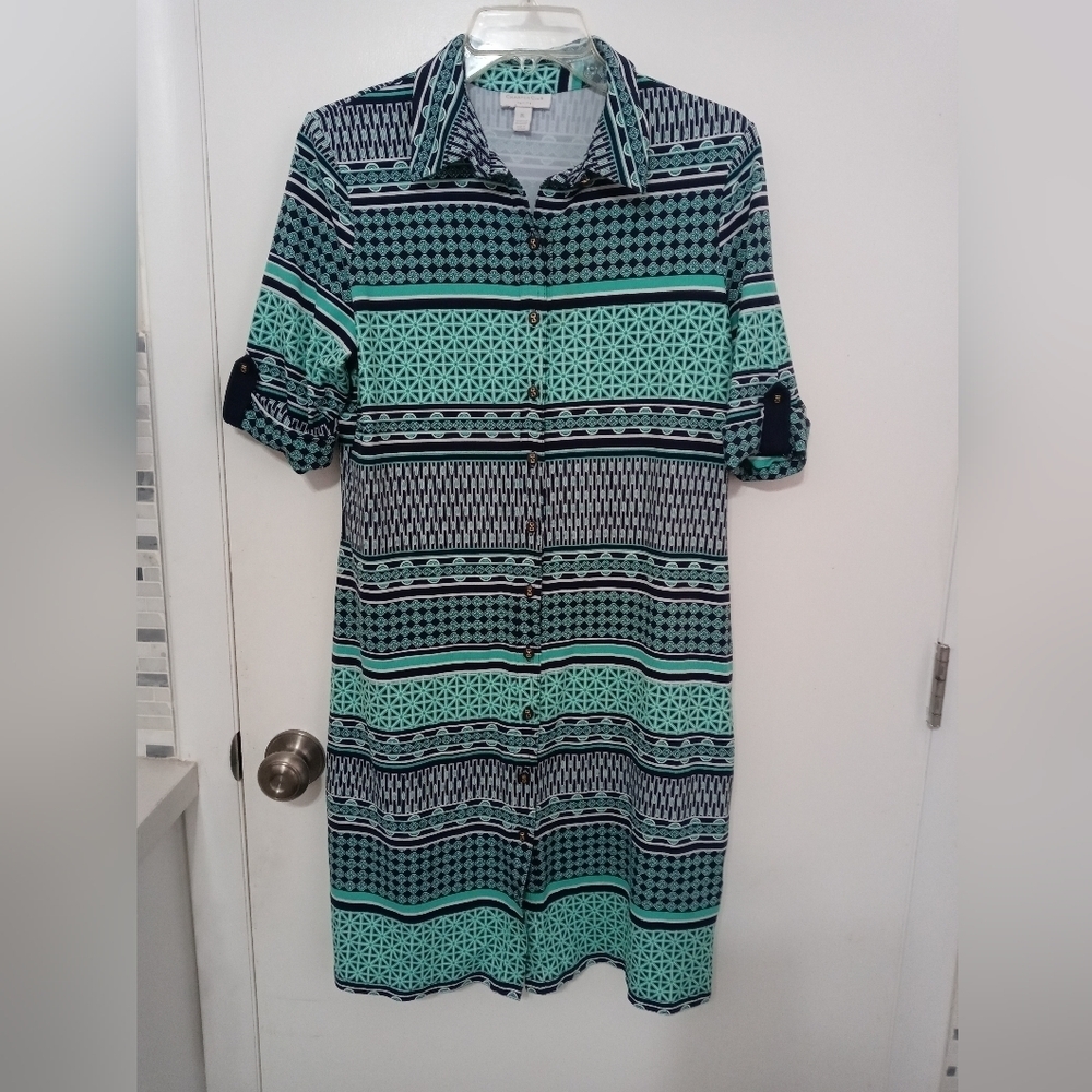 CHARTER CLUB NAVY BLUE TURQUOISE BUTTON DOWN FRONT NAUTICAL THEMED MIDI DRESS